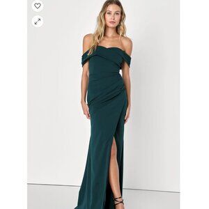 Lulus High-Class Presence Emerald Green Off-the-Shoulder Maxi Dress (M)
